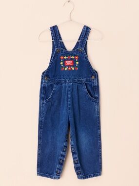 OshKosh B'gosh Dark Blue Denim Floral Patch Overalls Vintage